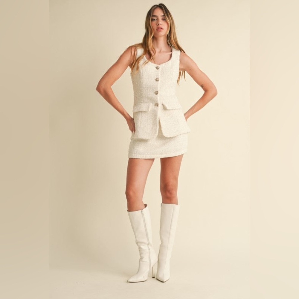 495. HIGH END Sequin Tweed Button Detail Romper in Cream